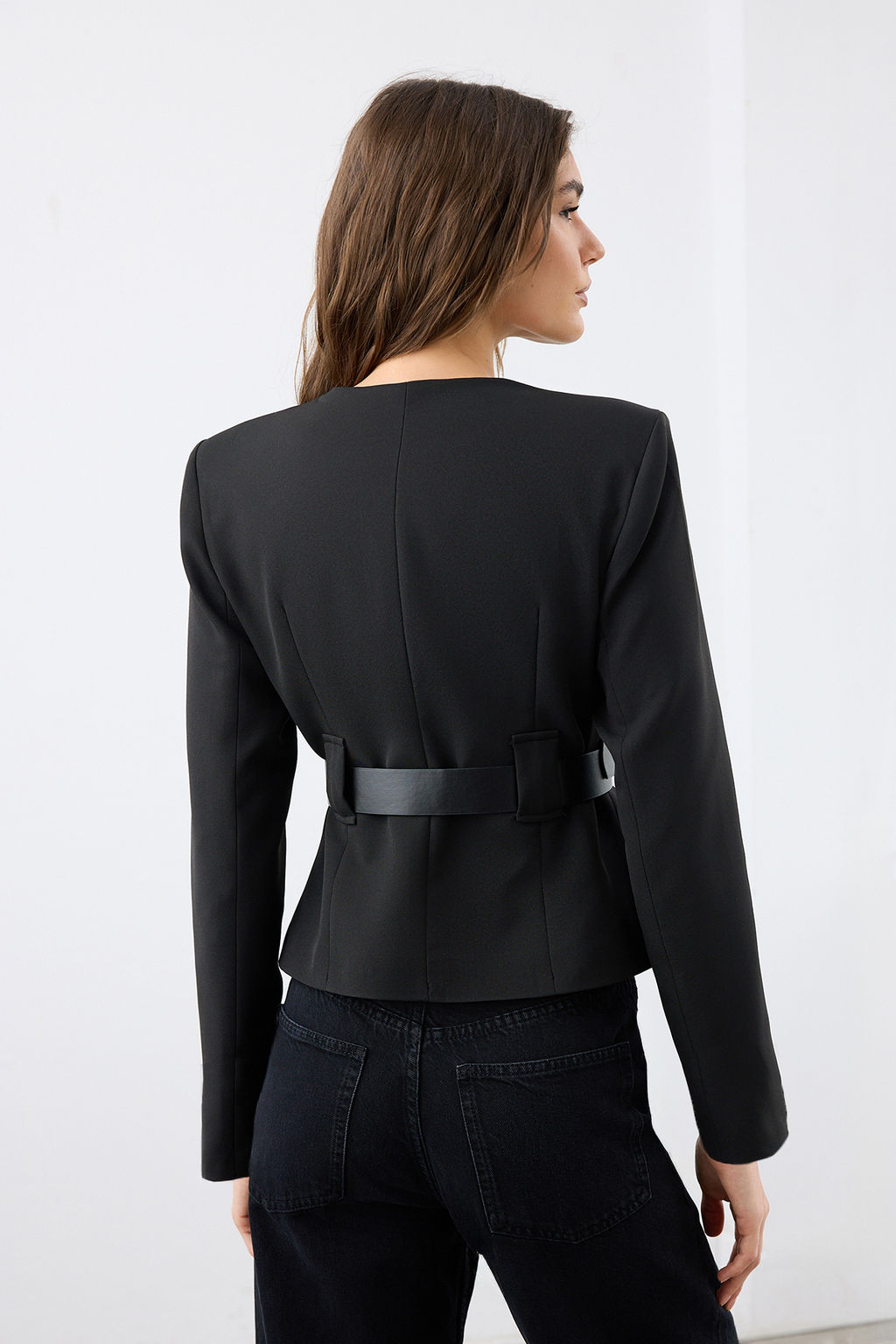 Siyah Kemerli Fitted/Vucuda Oturan S?k Dokuma Blazer Ceket TWOAW26BC00003 - Trendyolmilla фото 4