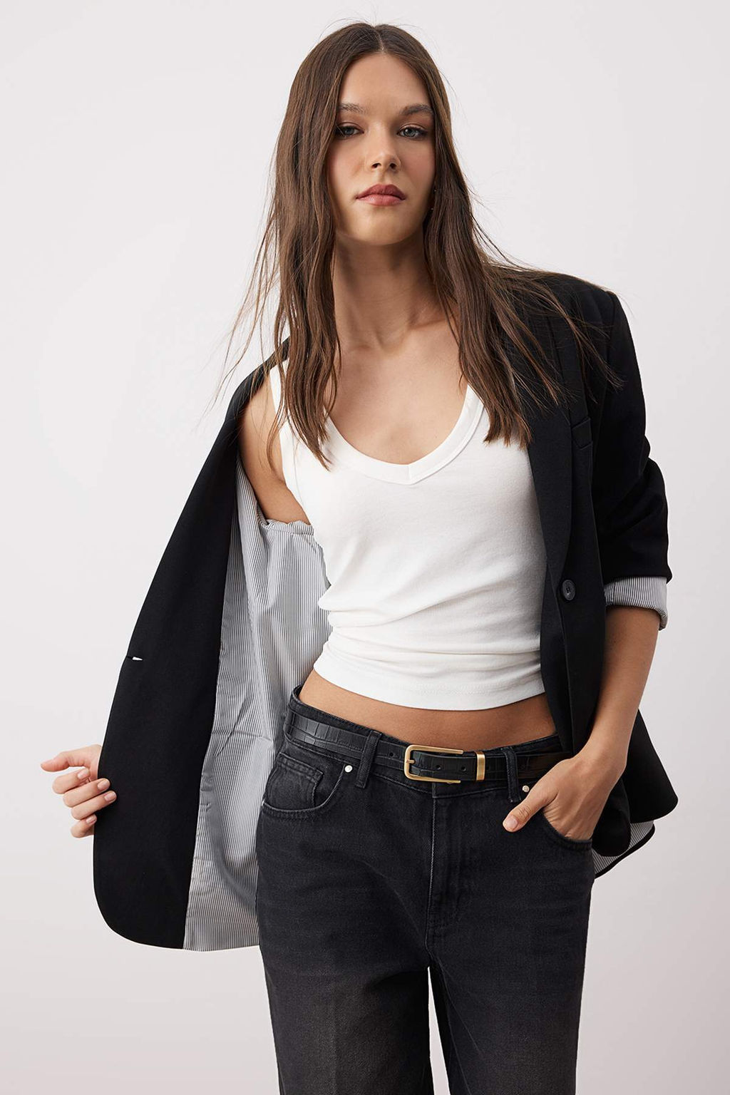 Siyah Cizgili Astarl? Fitted/Dar Kal?p Dokuma Blazer Ceket TWOAW26BC00043