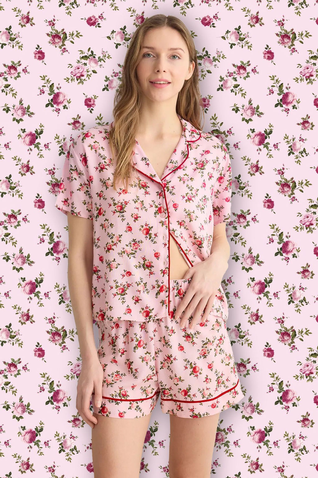 Pudra-Cok Renkli Cicekli Biyeli Viskon Sortlu Dokuma Pijama Tak?m? THMSS25PT00043