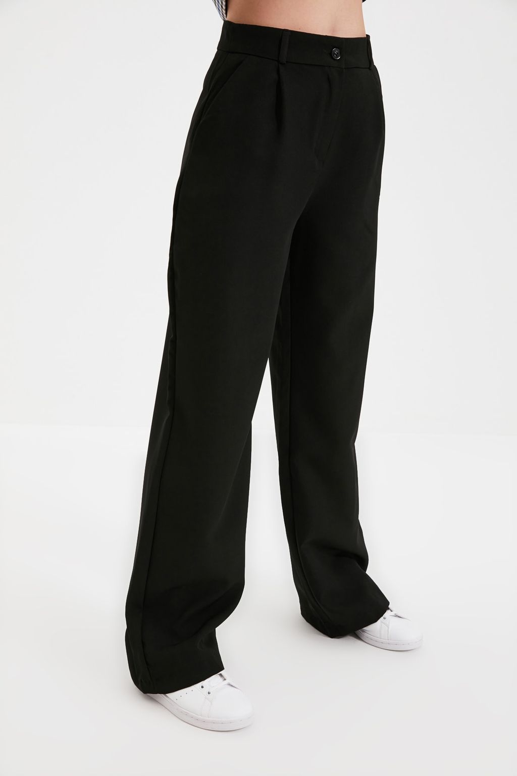 Siyah Yuksek Bel Wide Leg/Genis Paca Pileli Dokuma Kumas Pantolon TWOAW21PL0076