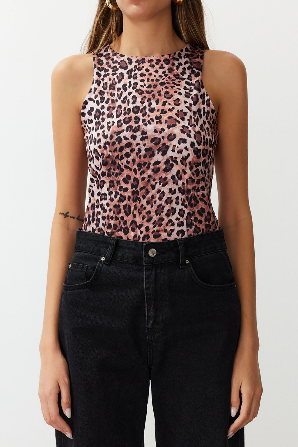 Ac?k Kahverengi Leopar Desenli Halter Yaka Esnek Alttan C?tc?tl? Orme Body TWOSS20BD0044