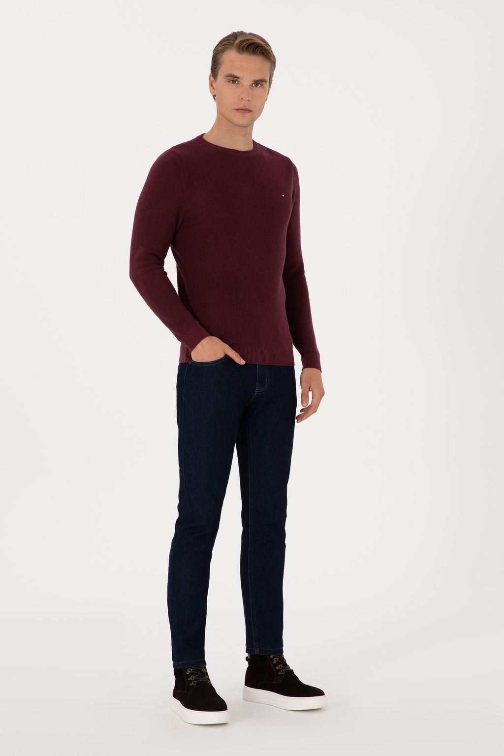 Erkek Slim Fit Bisiklet Yaka Bordo Basic Kazak - U.s. polo assn фото 4