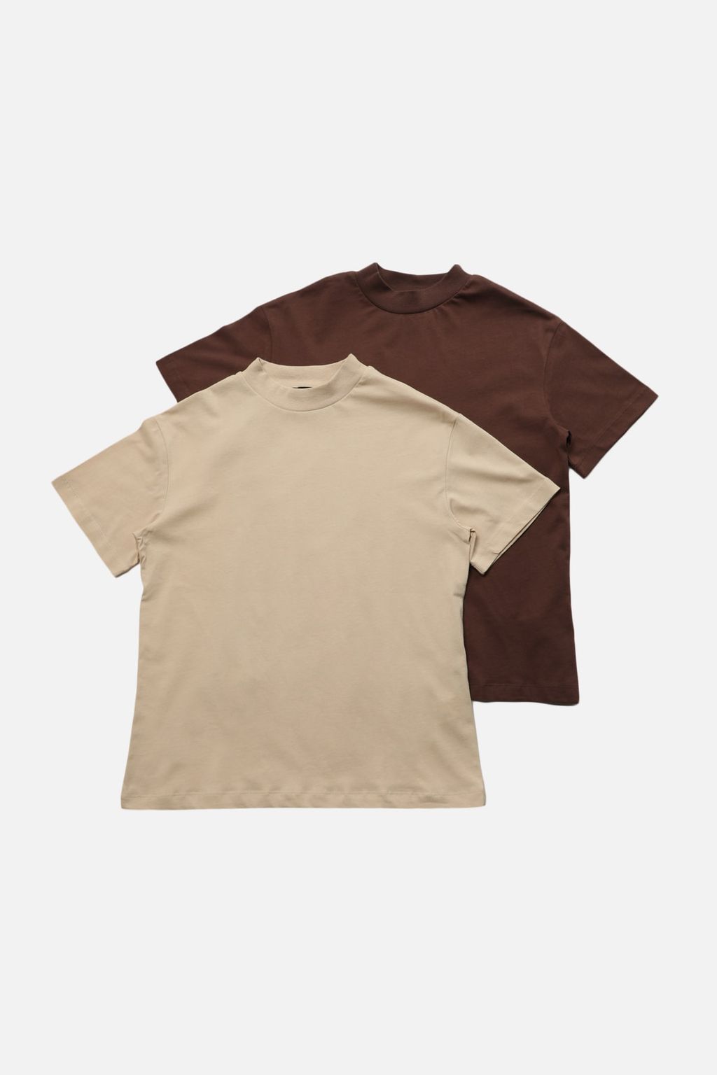 Kahverengi-Bej 2li Paket %100 Pamuk Basic Dik Yaka Orme T-Shirt TWOSS20TS1500