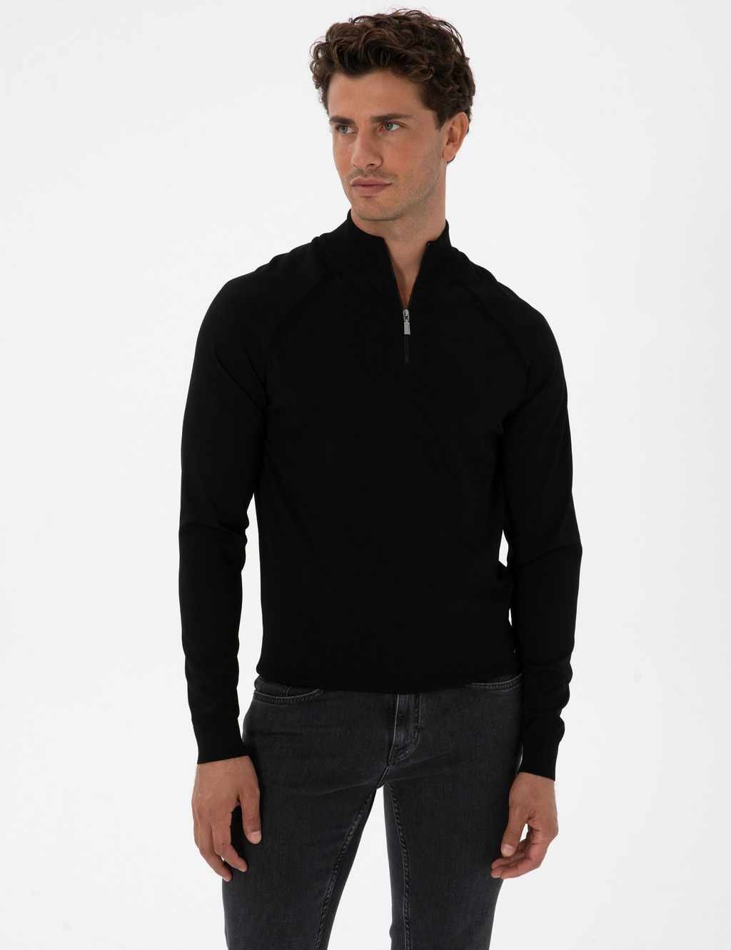 Siyah Slim Fit Dik Yaka Fermuarl_ Triko Kazak