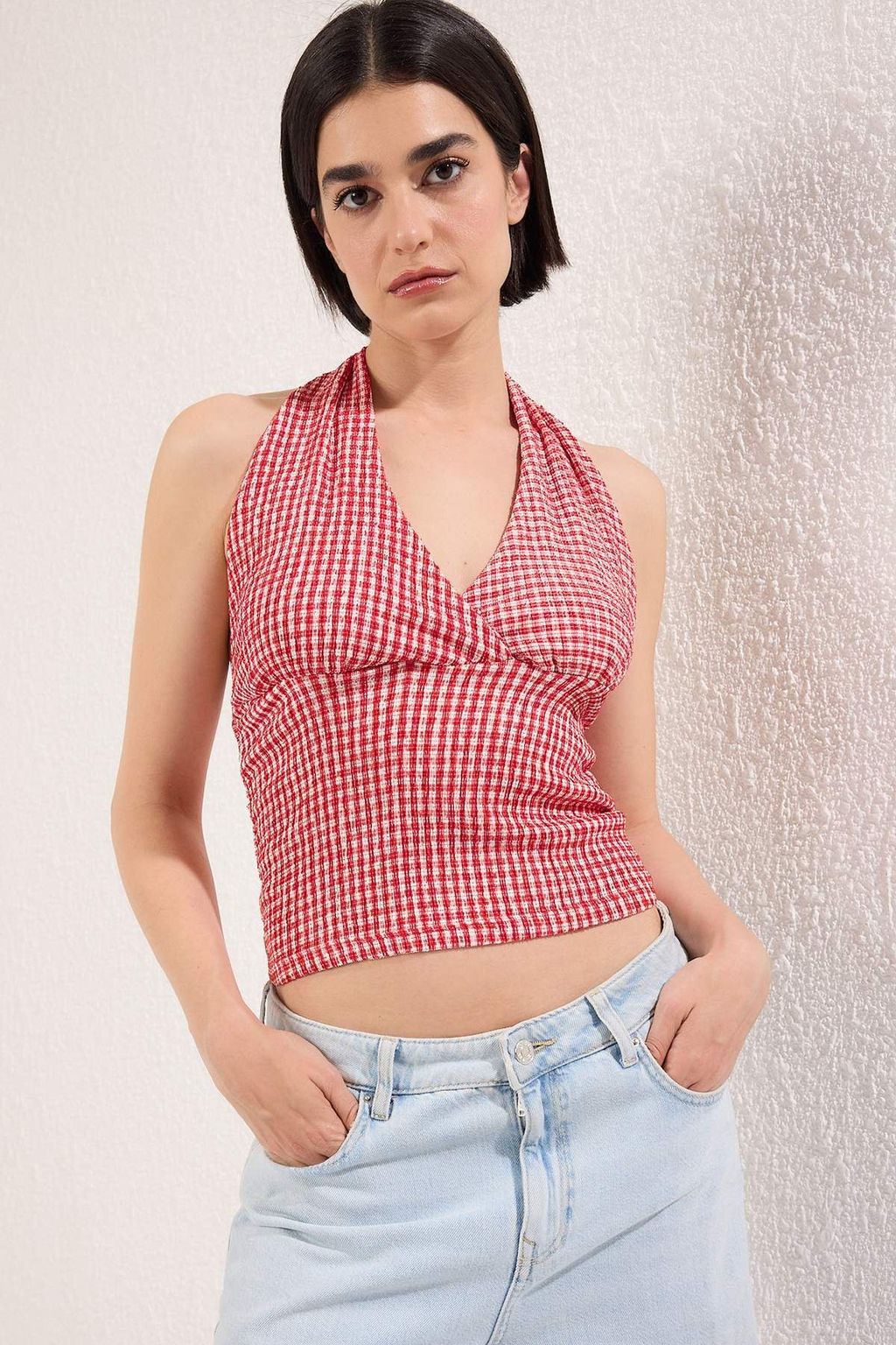K?rm?z? Poti Kare Boyundan Baglamal? Fitted Esnek Orme Bluz TWOSS25BZ00565 - Trendyolmilla фото 2