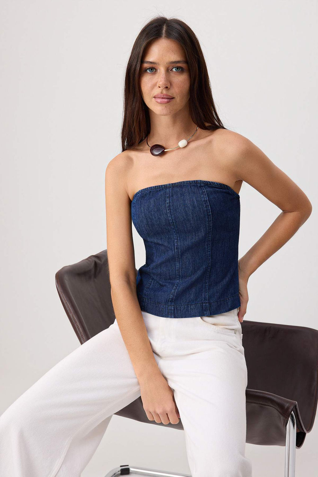 Koyu Mavi Raw Straplez Denim Bluz TWOSS26BZ00847 - Trendyolmilla фото 2