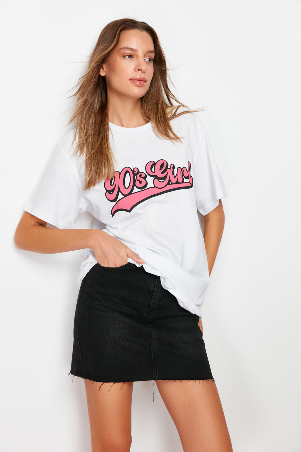 TRENDYOLMILLA Lacivert Bask?l? Oversize/Genis Kal?p Dik Yaka Orme T-Shirt TWOSS23TS00373  фото 5