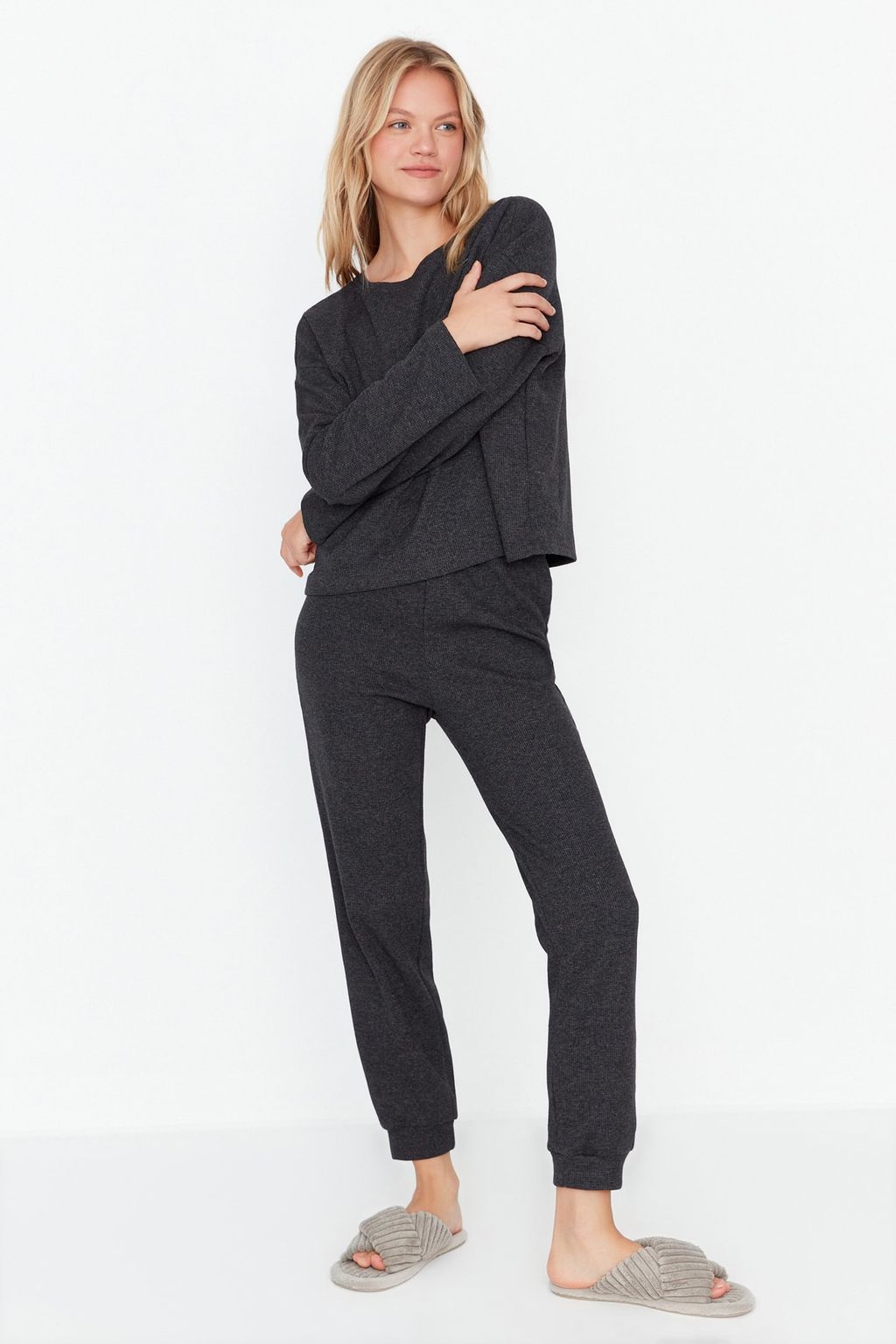 Trendyolmilla Lacivert Waffle Kumas Orme Pijama Tak?m? THMAW23PT00021  фото 12