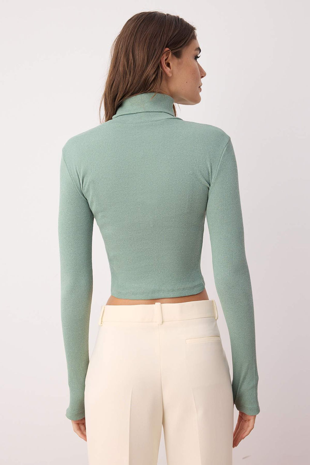 Koyu Mint Fitted/Vucuda Oturan Bal?kc? Yaka Parmak Detayl? Fitilli Esnek Orme Bluz TWOAW21BZ0071