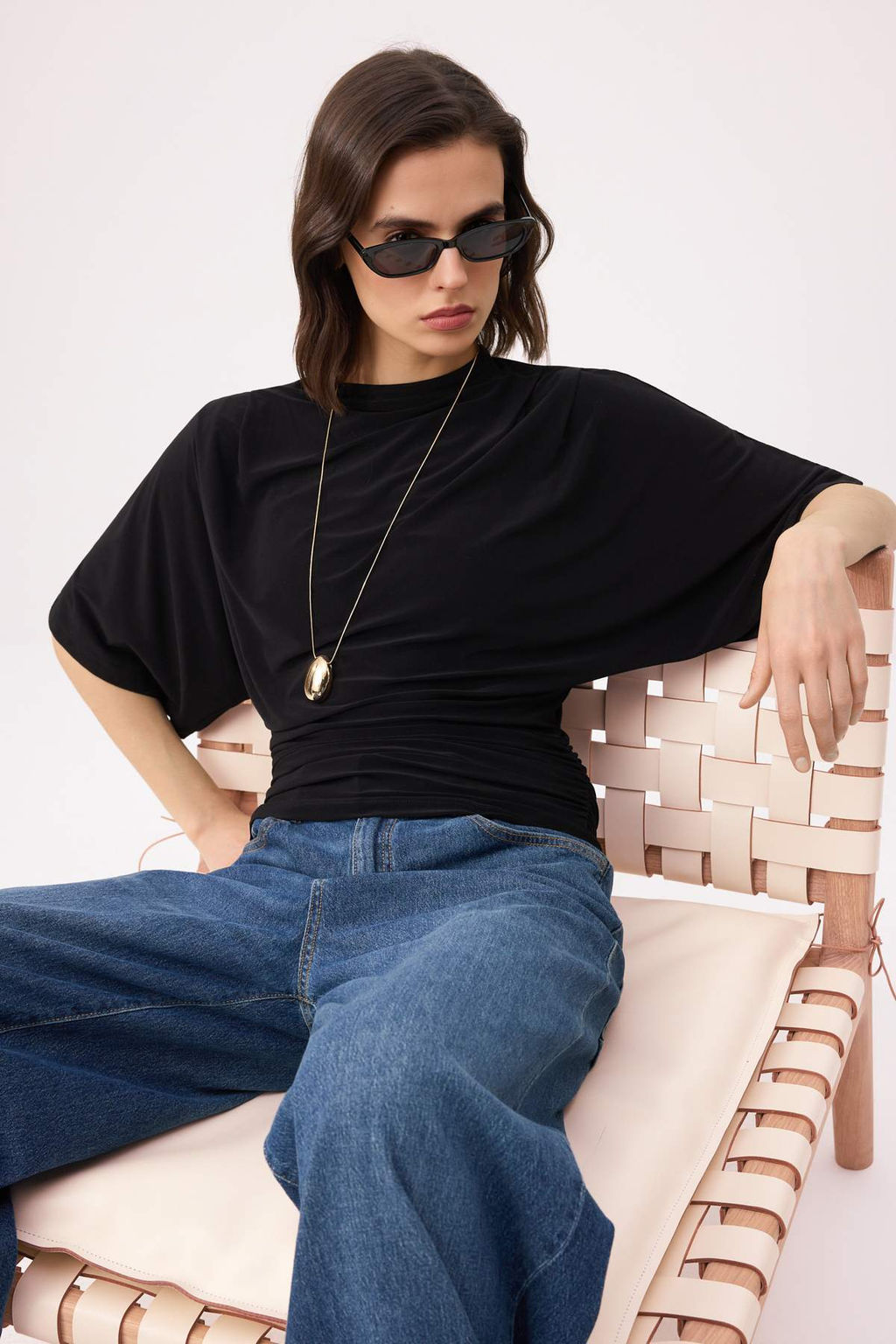 Siyah Fitted/Vucuda Oturan Kay?k Yaka Yarasa Kol K?sa Kollu Esnek Orme Bluz TWOSS26BZ00020