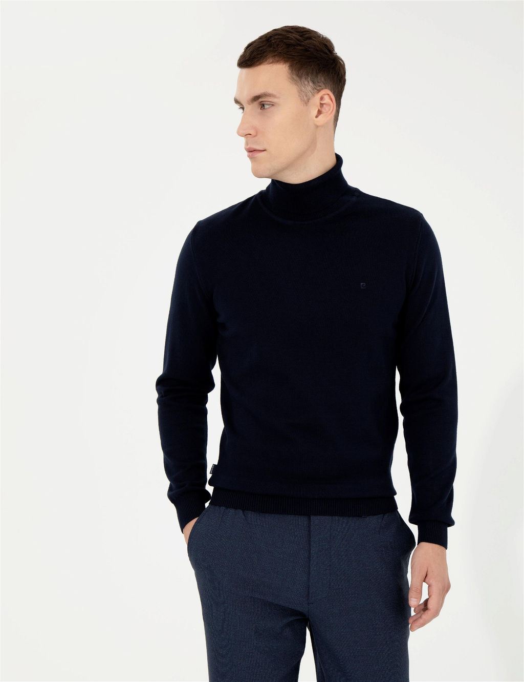 Lacivert Slim Fit Bal_k__ Yaka Basic Triko Kazak