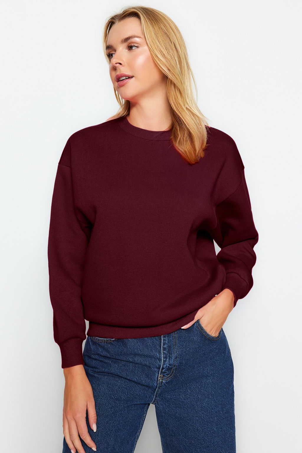 Bordo Kal?n Ici Polarl? Regular/Normal Kal?p Bisiklet Yaka Basic Orme Sweatshirt TWOAW24SW00101
