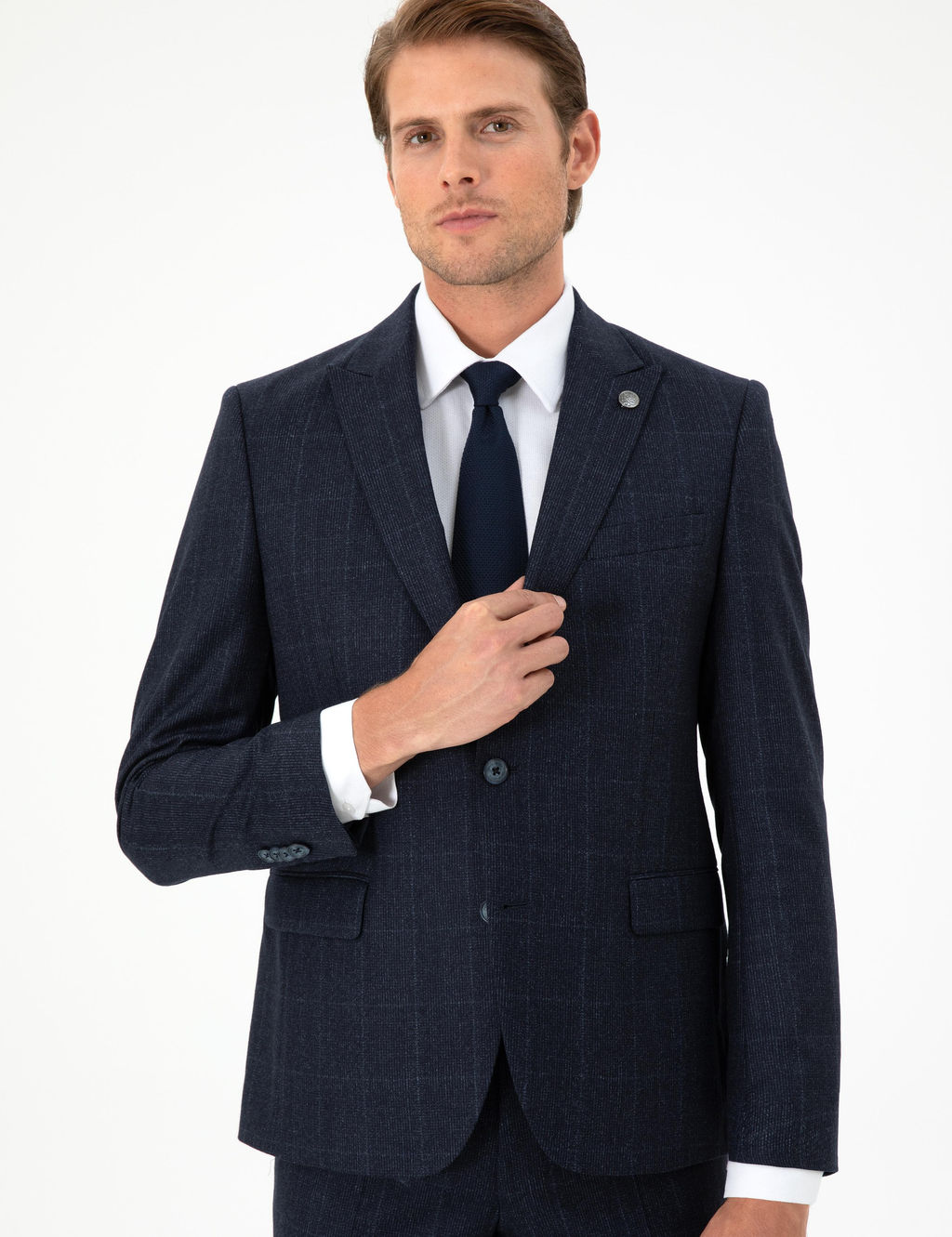 Lacivert Slim Fit Ekose Y_n Tak_m Elbise