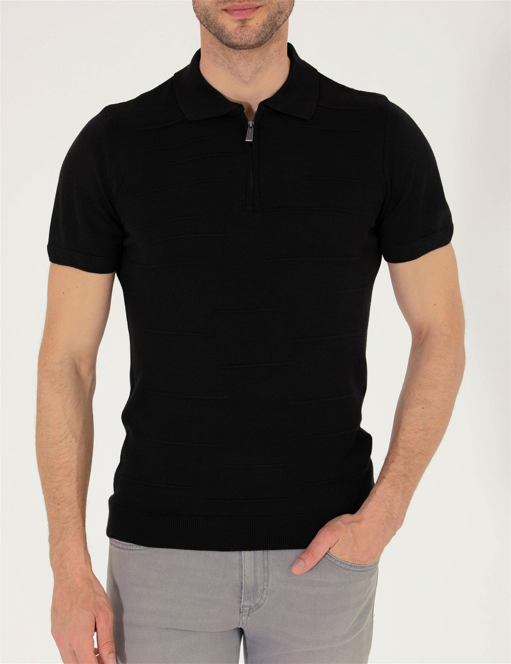 Siyah Slim Fit Fermuarl_ Polo Yaka Triko Ti__rt - Pierre cardin фото 6
