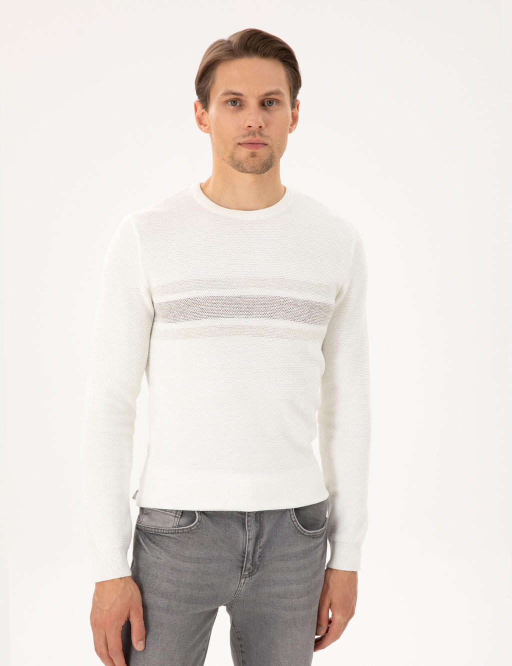 Ekru Slim Fit Bisiklet Yaka Triko Kazak