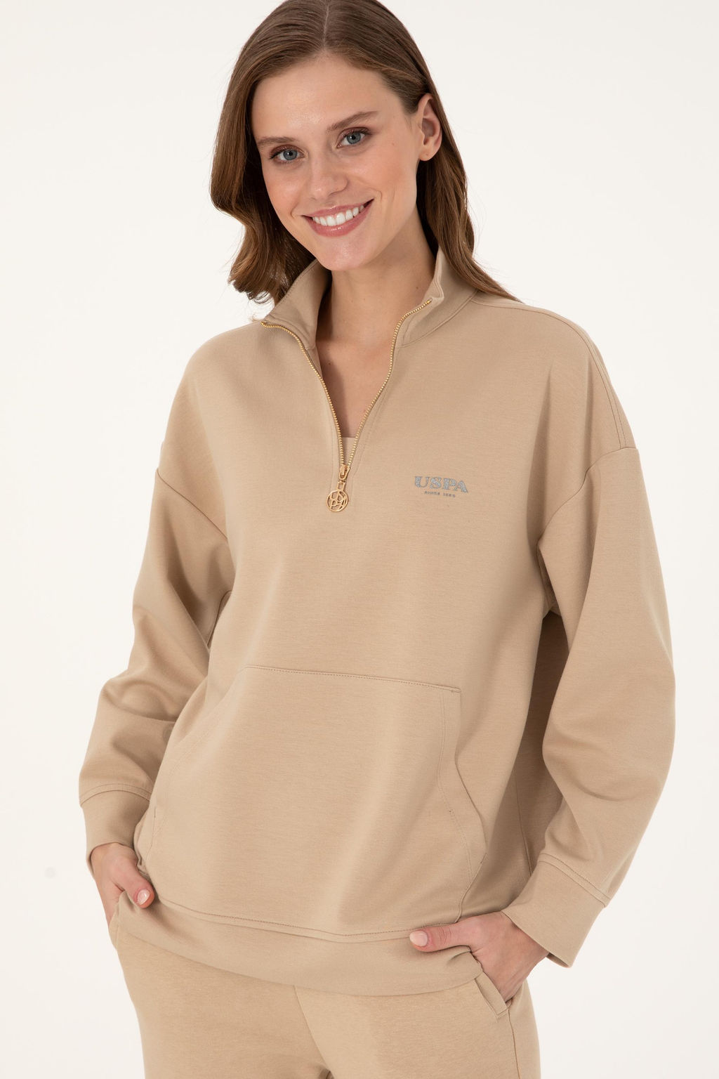 Женский свитшот на молнии с воротником-стойкой песочного цвета Неожиданная скидка в корзине - U.s. polo assn фото 3