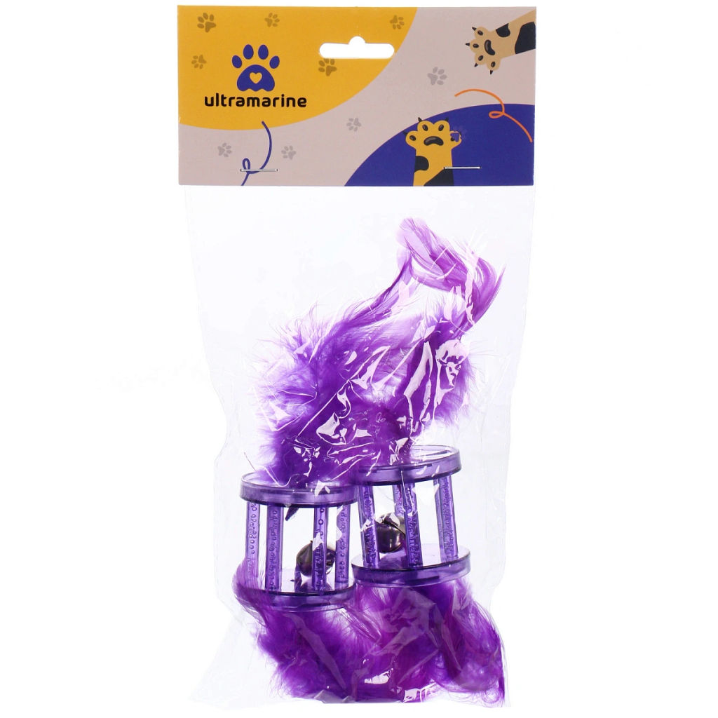 Цена за 6 шт. Игрушка для кошек с бубенчиком в наборе 2шт "ИГРУЛИК", с перышками, цвет фиолетовый, 4см
