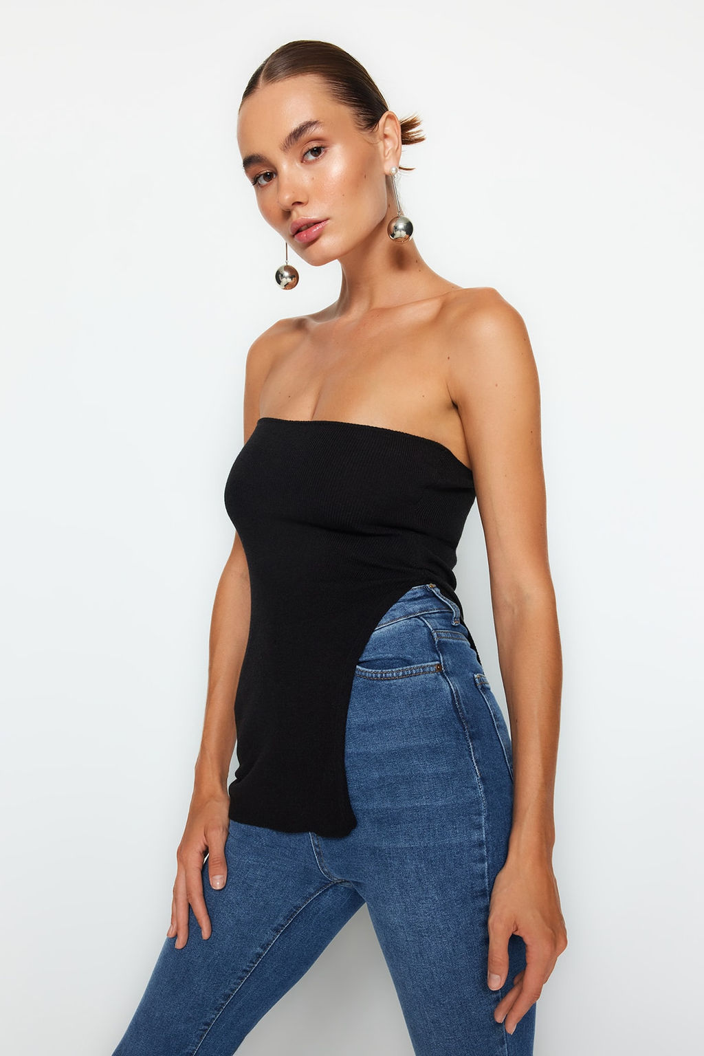 Siyah Straplez Y?rtmac Detayl? Premium Iplik / Ozel Iplik Ince Bluz TWOAW24BZ00131 - Trendyolmilla фото 2