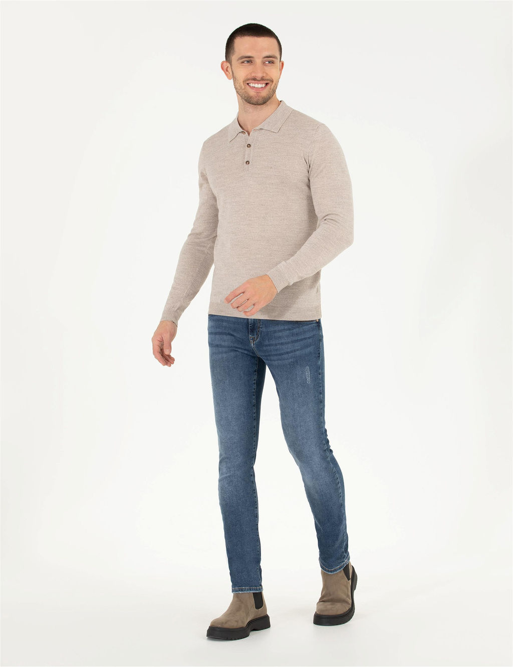 Ta_ Slim Fit Polo Yaka Y_n Kar___ml_ Basic Triko Kazak
