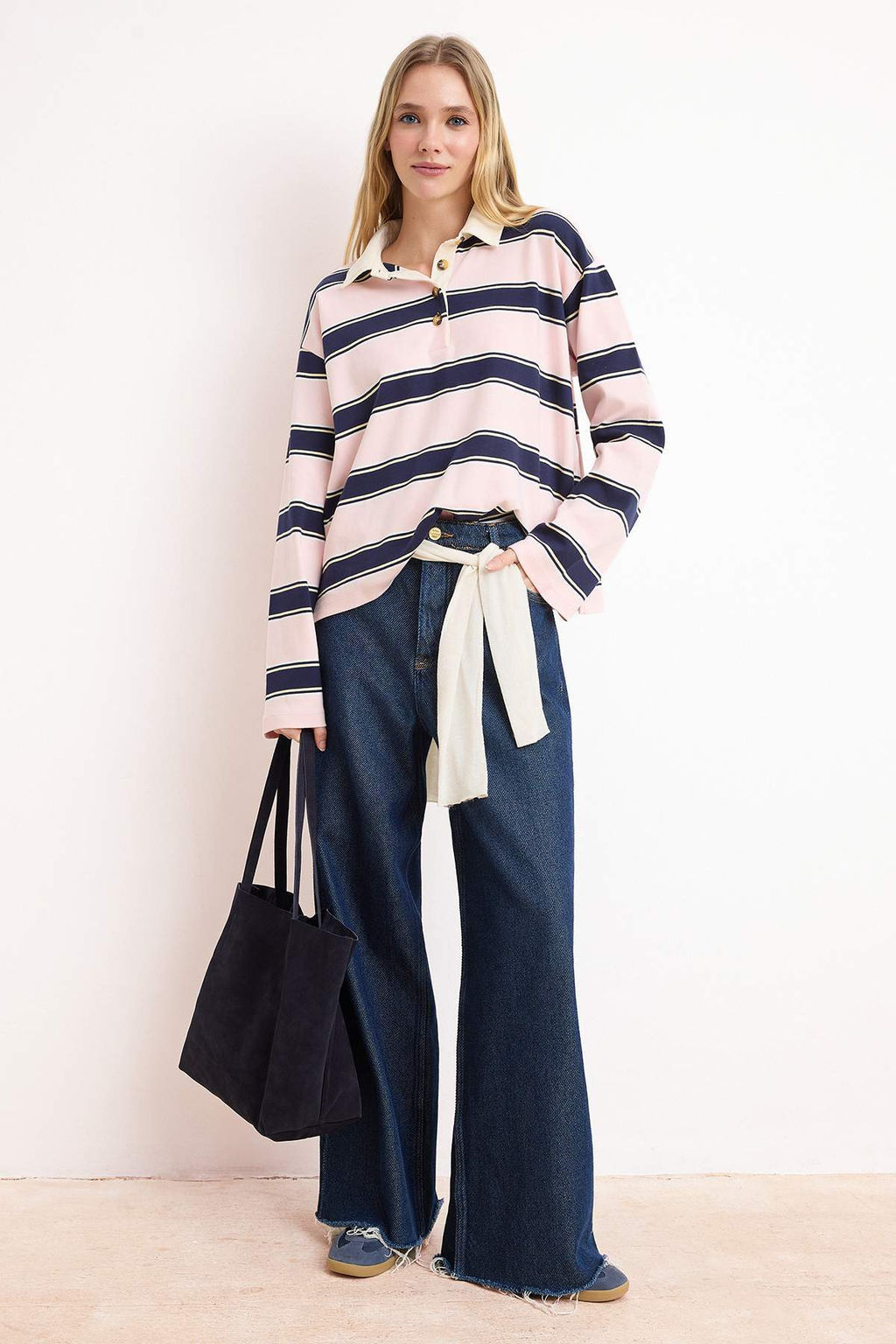 Ekru Cizgili Boxy Dusuk Kol Uzun Kollu Interlok Orme T-Shirt TWOSS26TS00188 - Trendyolmilla фото 6