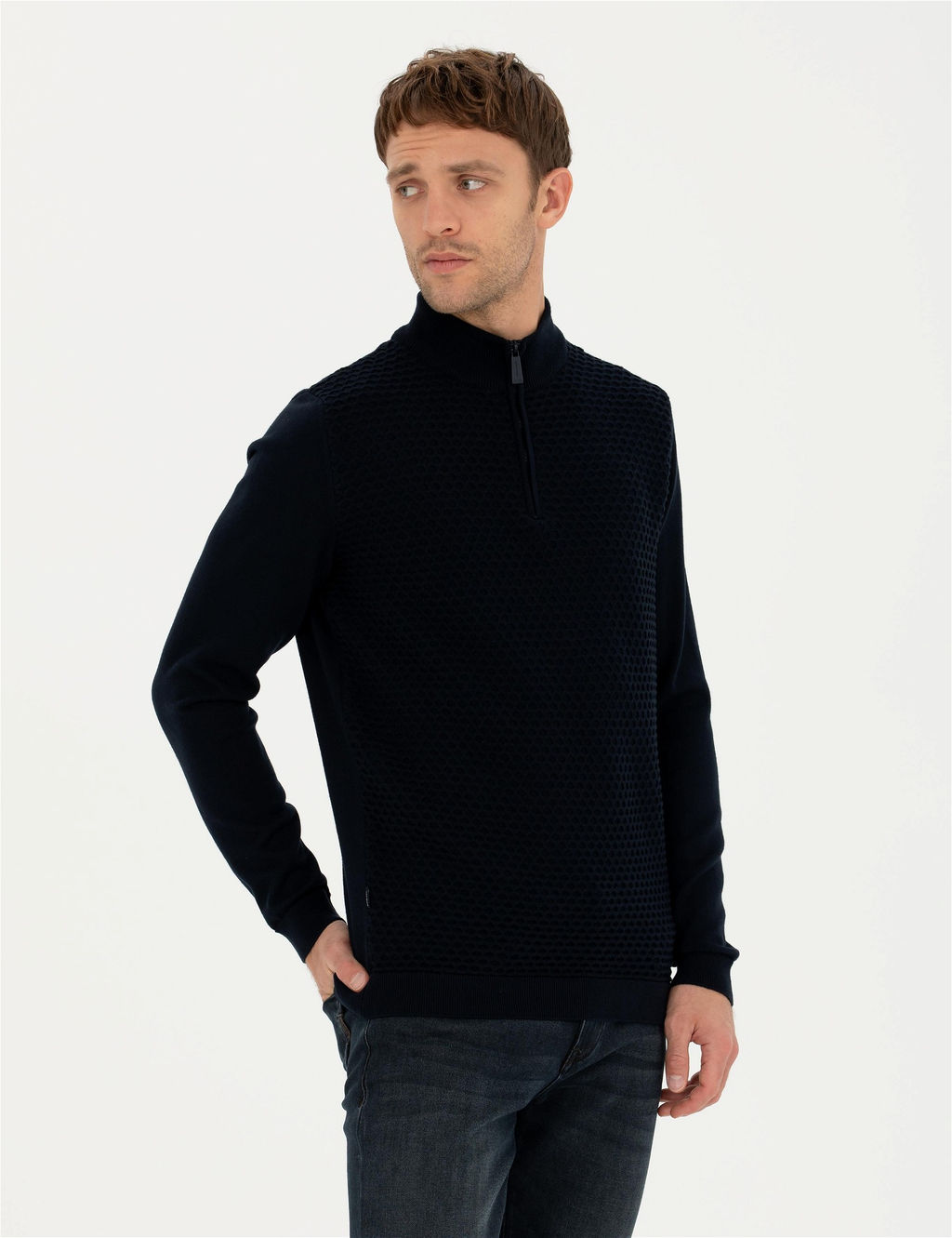 Lacivert Slim Fit Fermuarl_ Dik Yaka Triko Kazak