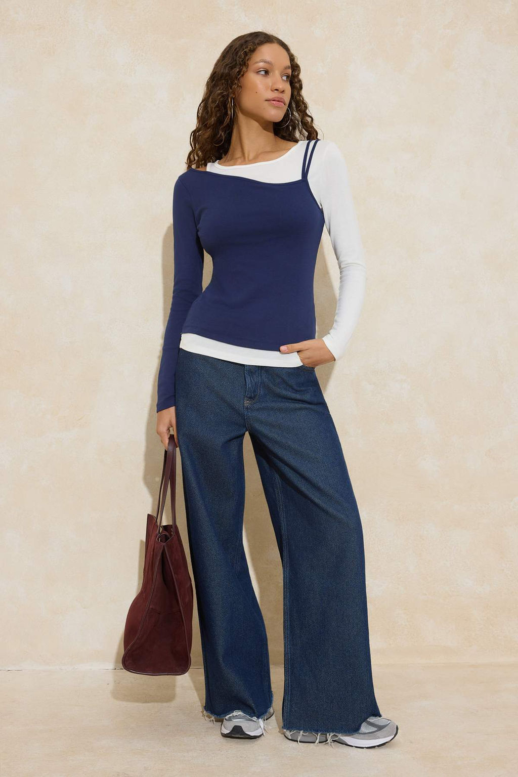 Lacivert Ikili Gorunumlu Regular/Normal Kal?p Uzun Kollu Pamuk Ribana Orme Bluz TWOSS26BZ00231