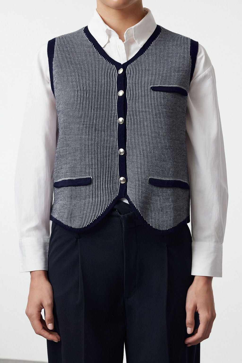 Trendyolmilla Lacivert Cizgili Dugmeli Fitted Yelek TWOAW25YE00026  фото 4