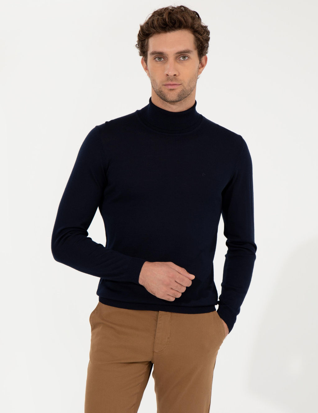 Базовый трикотажный свитер с водолазкой узкого кроя темно-синего цвета - Cacharel фото 2