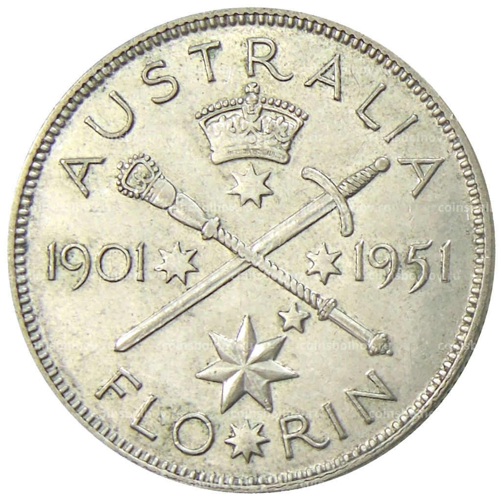 1 флорин (2 шиллинга) 1951 года Австралия  50 лет Федерации