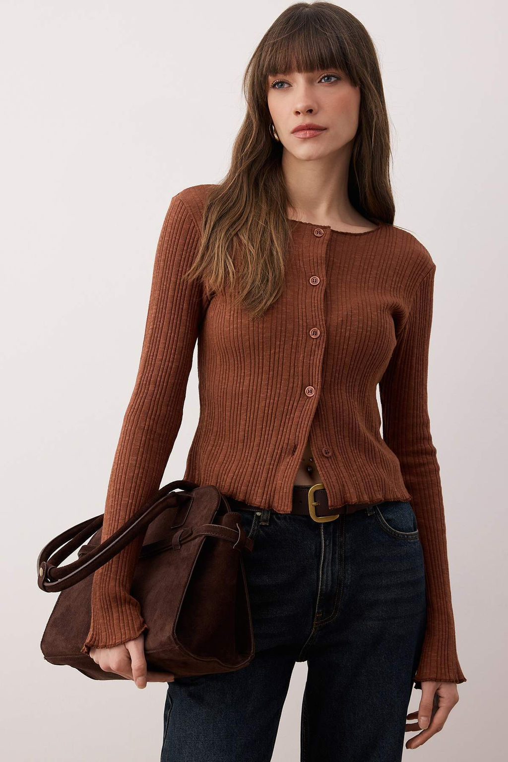 Kahverengi Jakarl? Fitted/Vucuda Oturan Dugme Detayl? Esnek Orme Bluz TWOAW26BZ00046