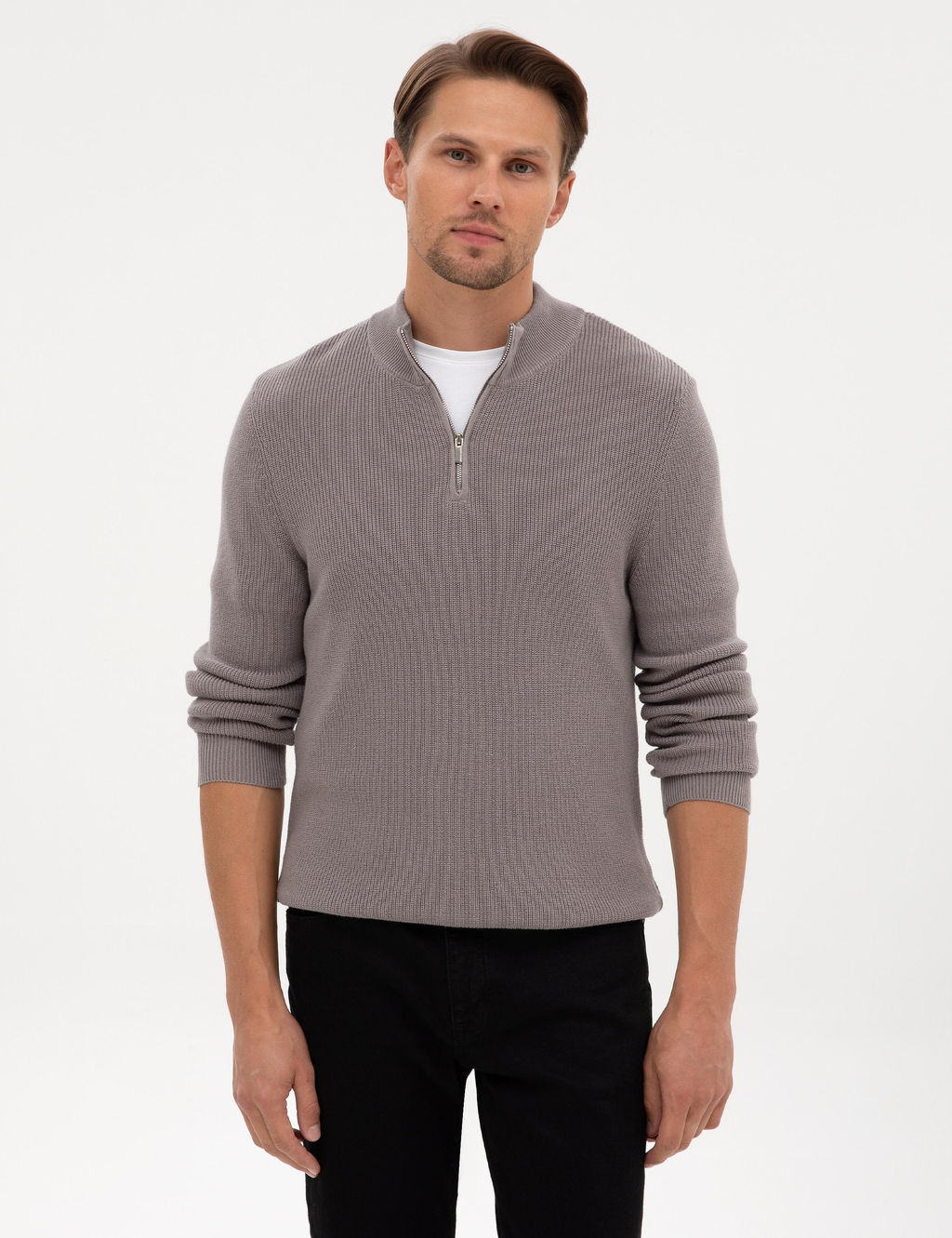 A__k Gri Melanj Slim Fit Dik Yaka Fermuarl_ Triko Kazak - Pierre cardin фото 3