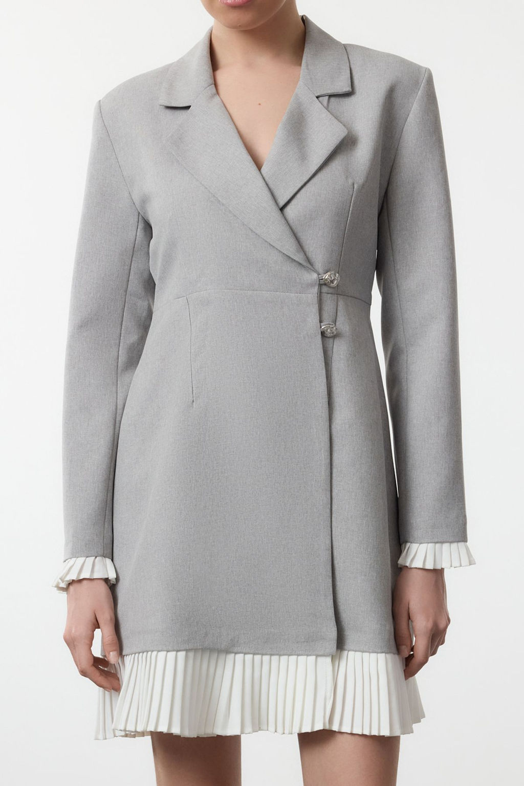 Gri Piliseli Mini Dokuma Ceket Elbise TWOAW25EL00537 - Trendyolmilla фото 3