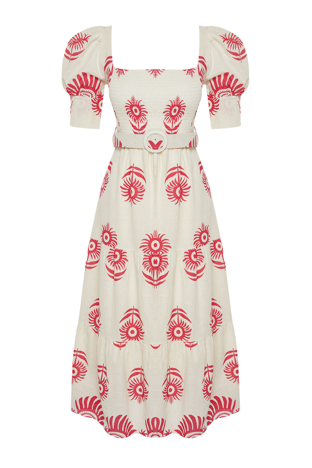 Pembe Desenli Kare Yaka Keten Gorunumlu Kemerli Midi Dokuma Elbise TWOSS24EL00779 - Trendyolmilla фото 7