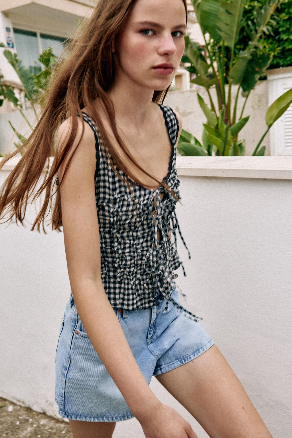 TOP DRAPEADO CUADRO VICHY / Crudo / Azul