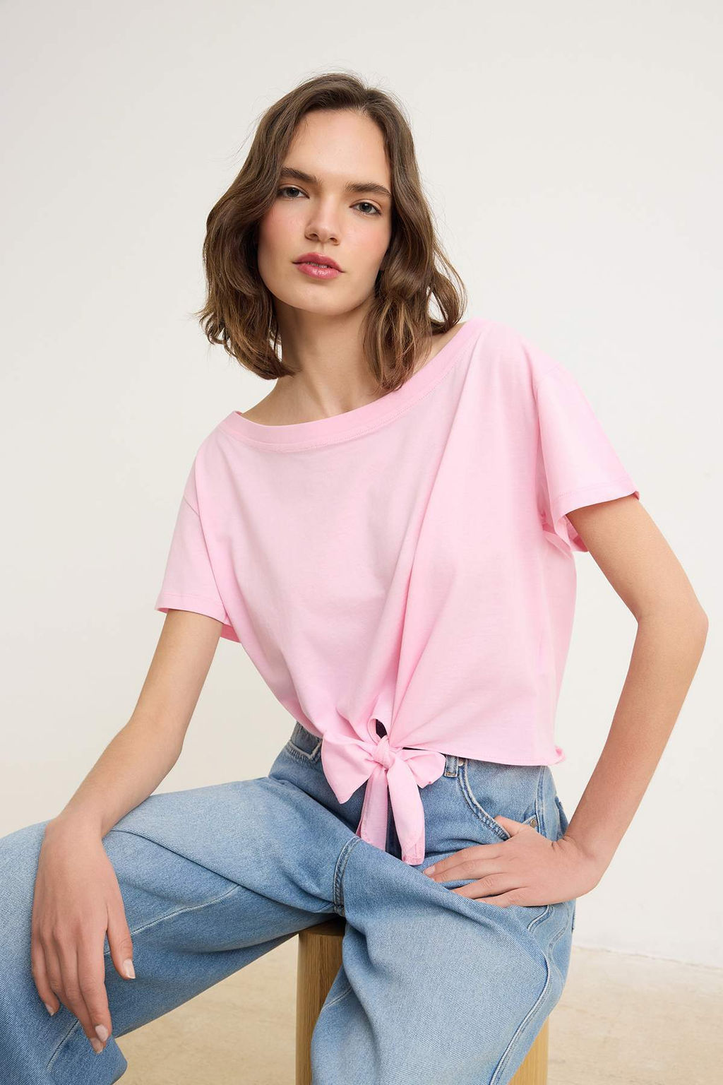 Siyah Duz Relaxed Asimetrik Yaka Dusuk Kol K?sa %100 Pamuk Orme T-Shirt TWOSS26TS00248 - Trendyolmilla фото 5