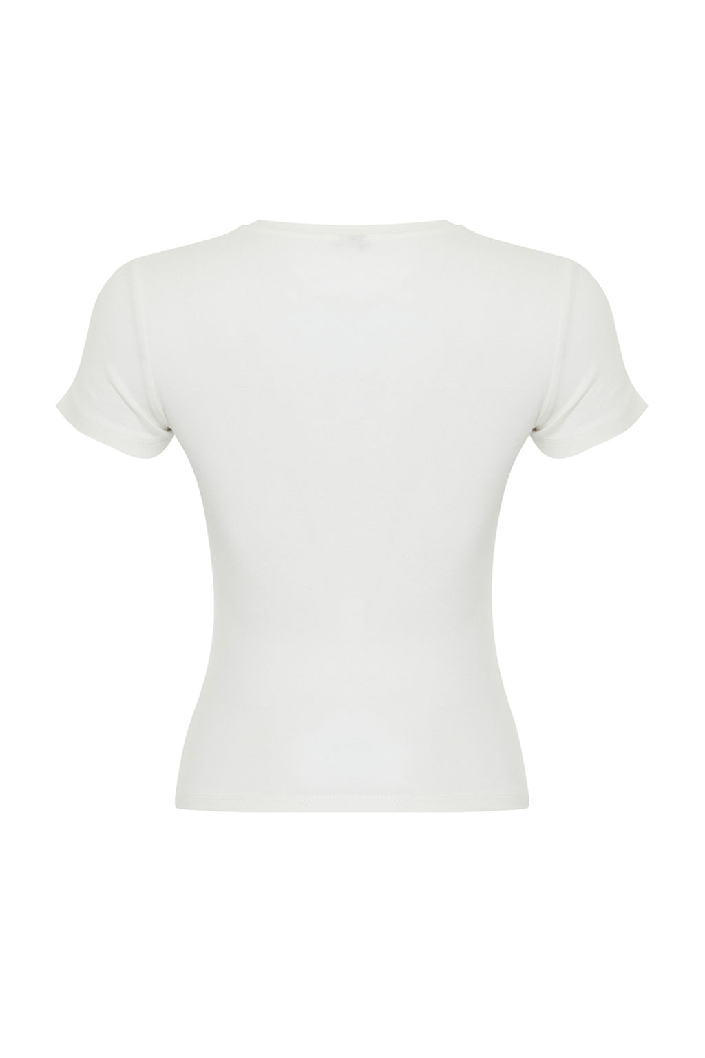 Ekru Kurdele Bask?l? Fitted/Vucuda Oturan Fitilli Esnek Orme T-Shirt TWOSS24TS00231