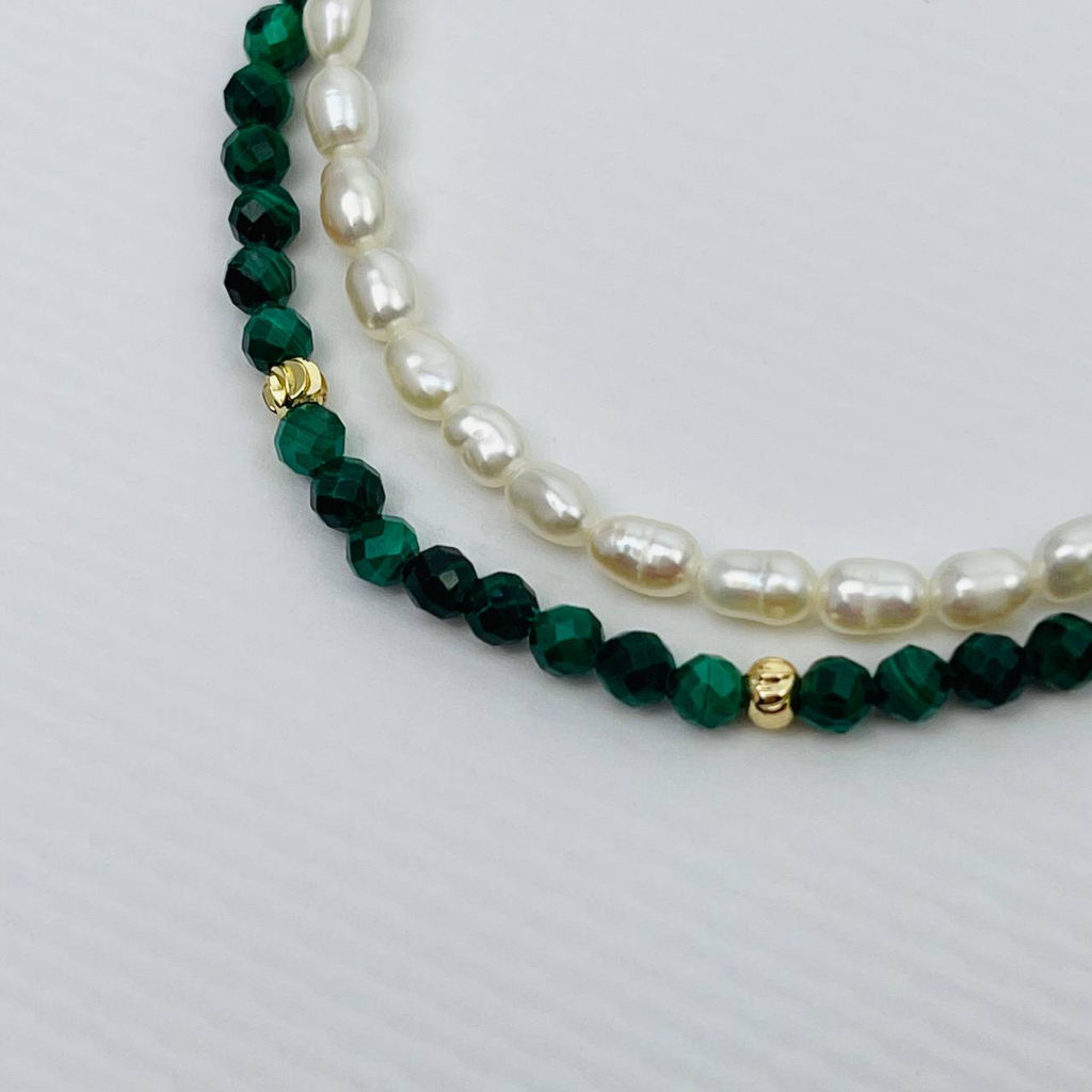 Браслет двойной из Малахита и Жемчуга 16 см +