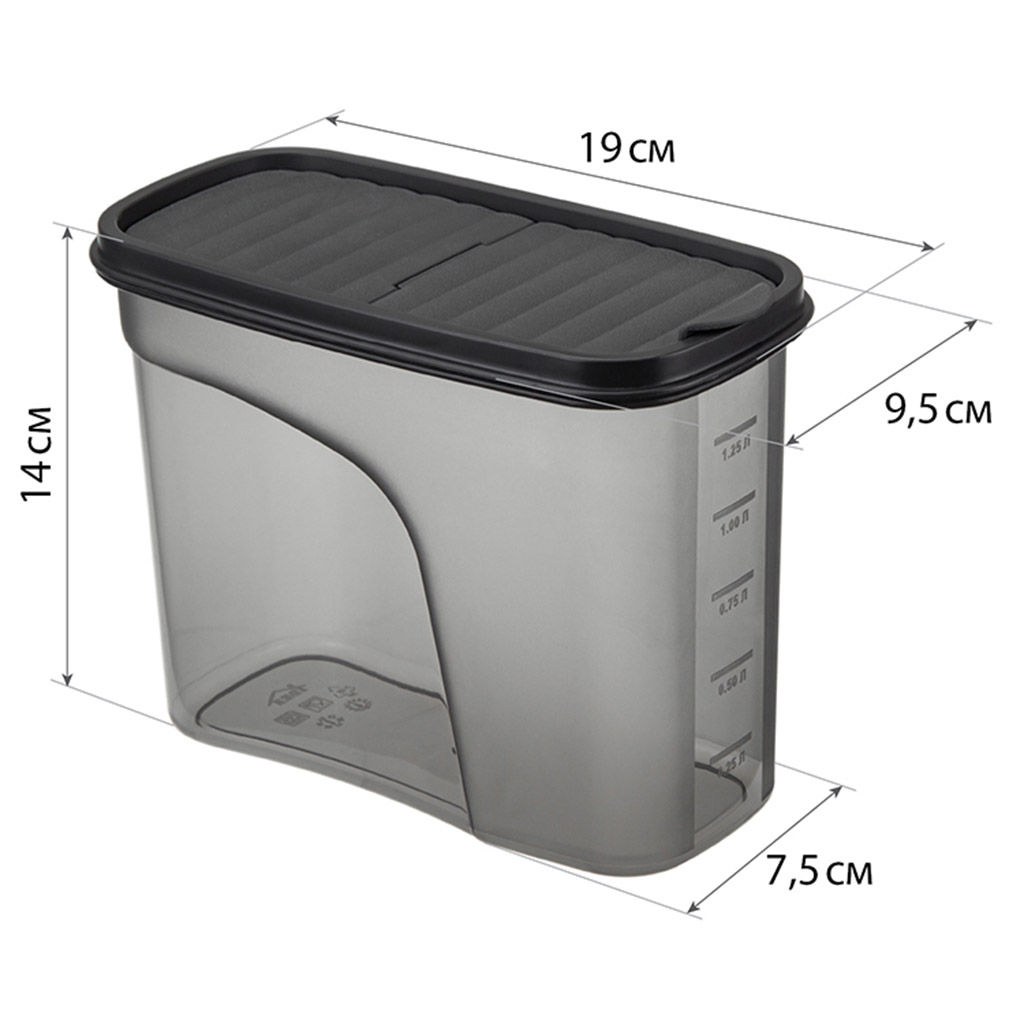 Банка для сыпучих продуктов пластмассовая Бест 1,5л, 9,5х19х14см, графитовый (Россия) - Домашняя мода фото 2