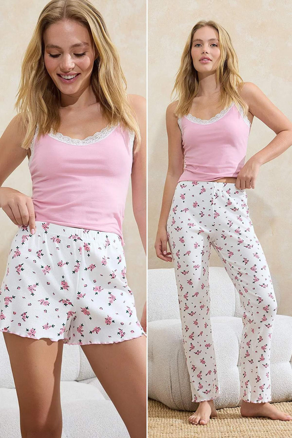Pembe-Beyaz 3lu Pamuklu Cicekli Dantel Detayl? Alt Kaskorse Orme Pijama Tak?m? THMSS26PT00015