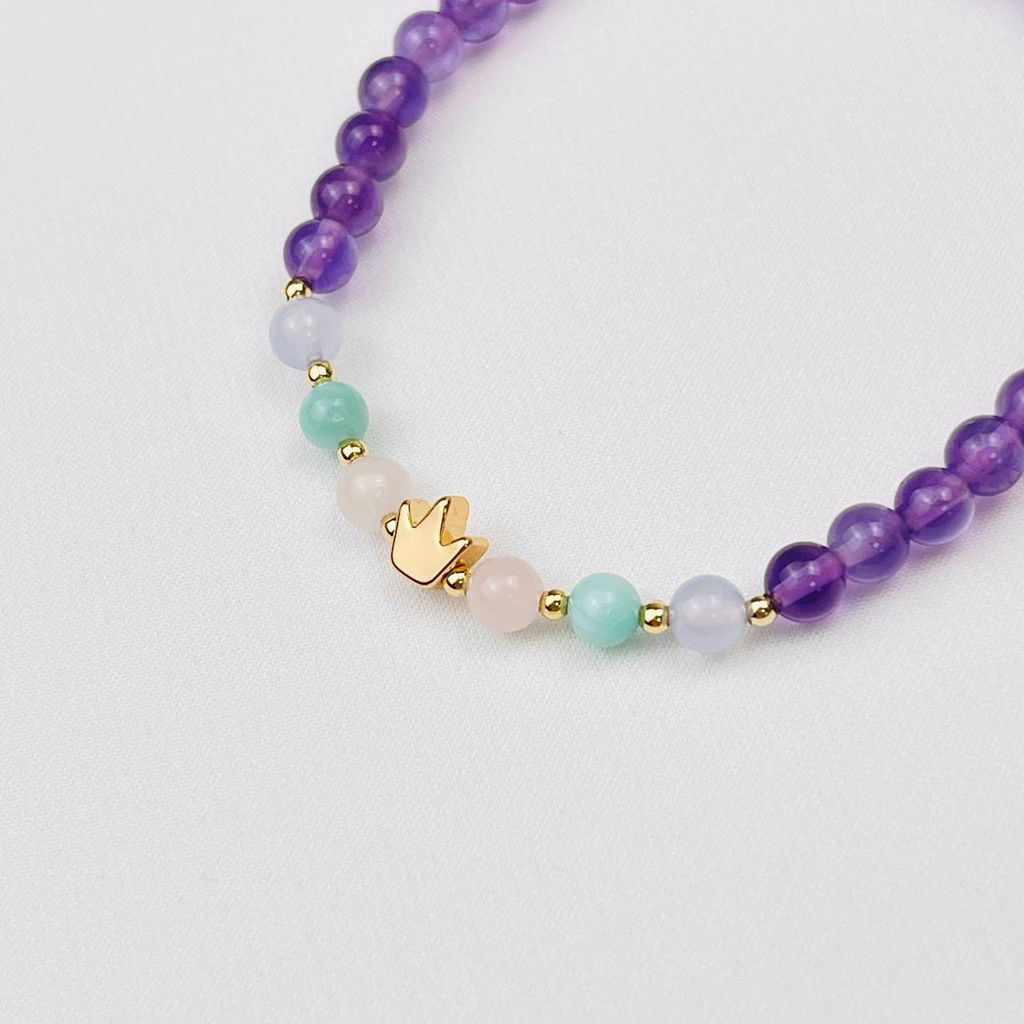 Браслет детский из Аметиста,Розового Кварца,Амазонита и Агата со вставкой "Корона" 16,5 см