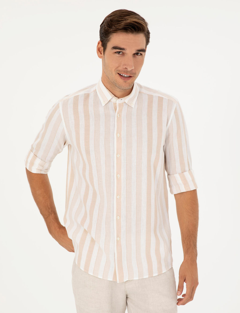 Рубашка Pierre Cardin Regular Fit зеленая с примесью льна