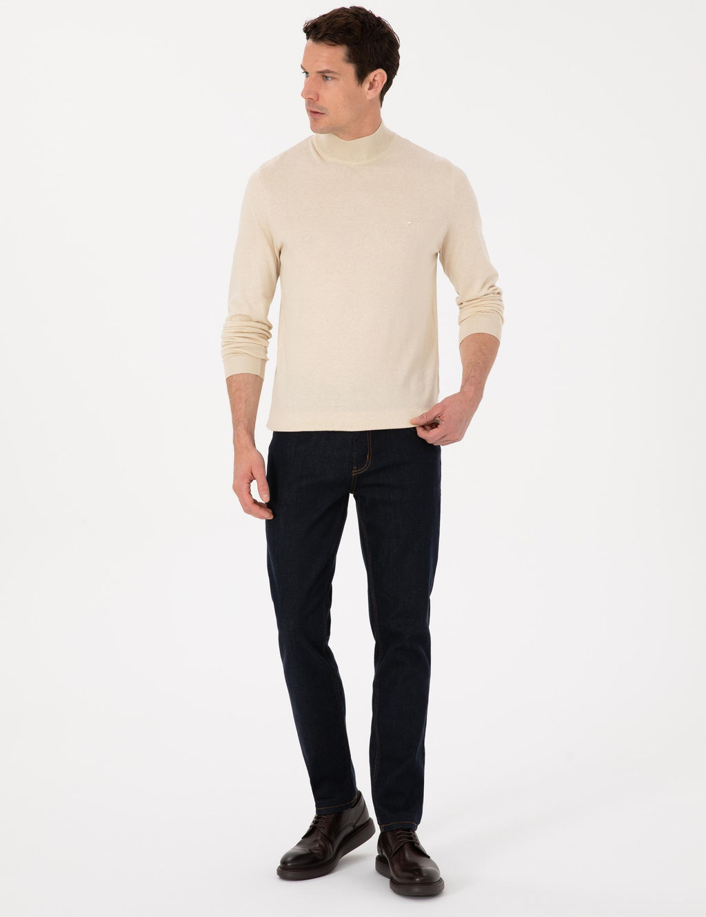 Bej Slim Fit Pamuk Kar___ml_ Yar_m Bal_k__ Yaka Triko Kazak