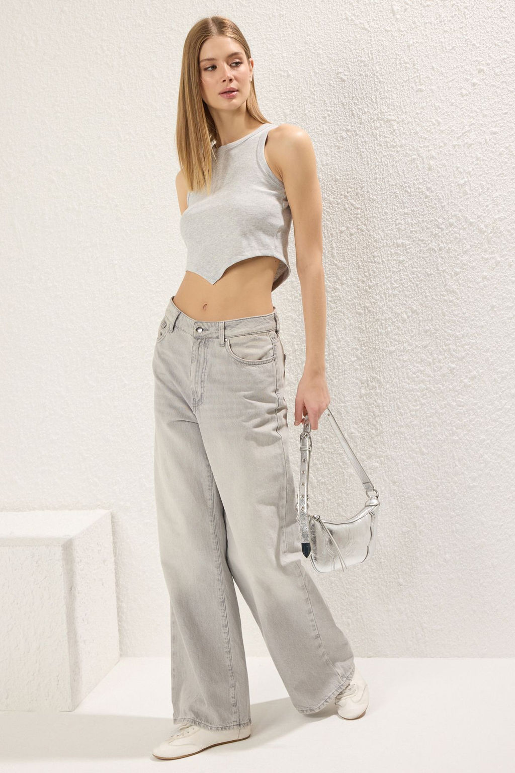 GrI melanj Asimetrik Super Crop Fitilli Esnek Orme Atlet TWOSS22AL0065