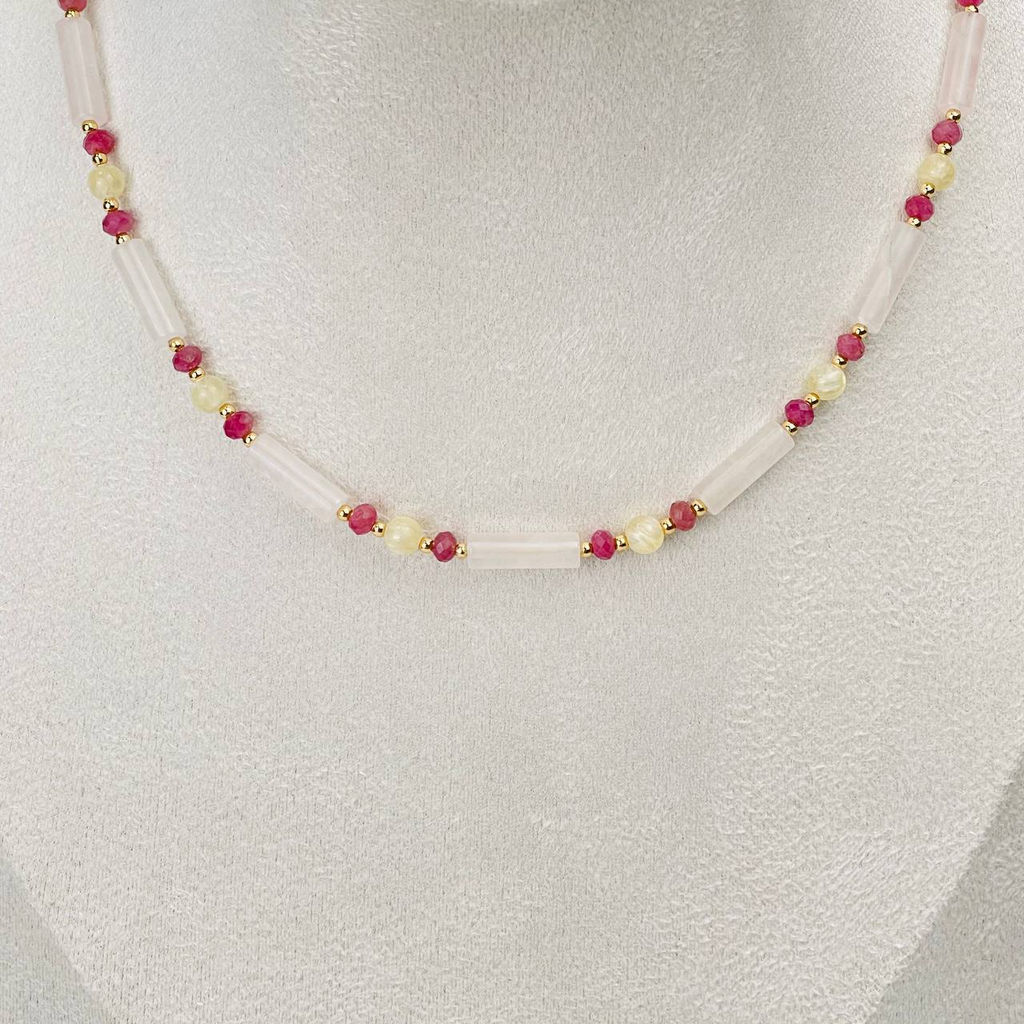 Колье из Розового кварца, Селенита и Турмалина 37 см +