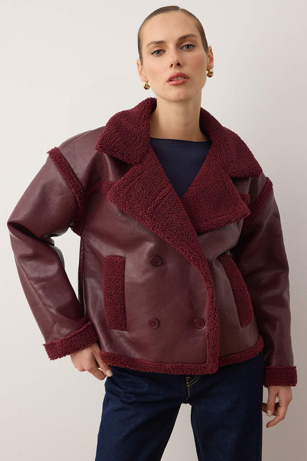 Bordo Pelus Detayl? Suni Deri Biker Ceket Mont TWOAW25MO00066 - Trendyolmilla фото 13