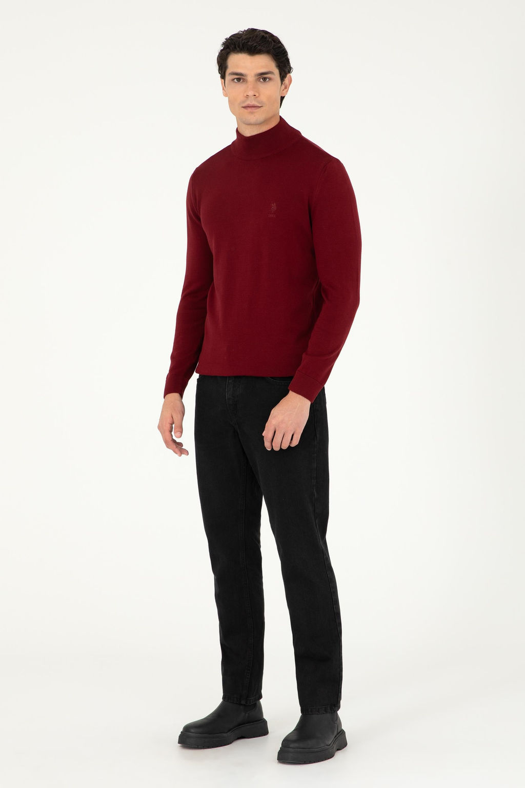 Erkek Slim Fit Yar_m Bo_azl_ Bordo Basic Kazak