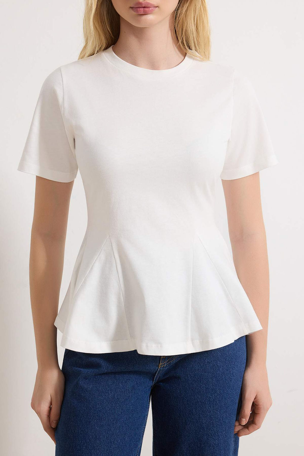 Ekru Peplum K?sa Kollu %100 Pamuk Orme Bluz TWOSS26BZ00028