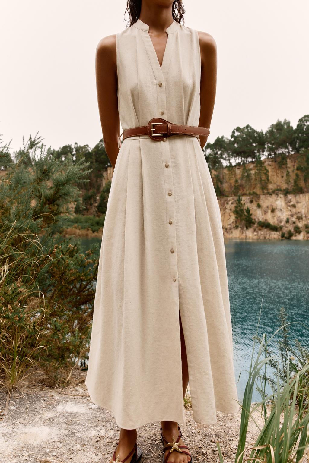 LINEN BLEND MIDI DRESS WITH BELT - Zara фото 2