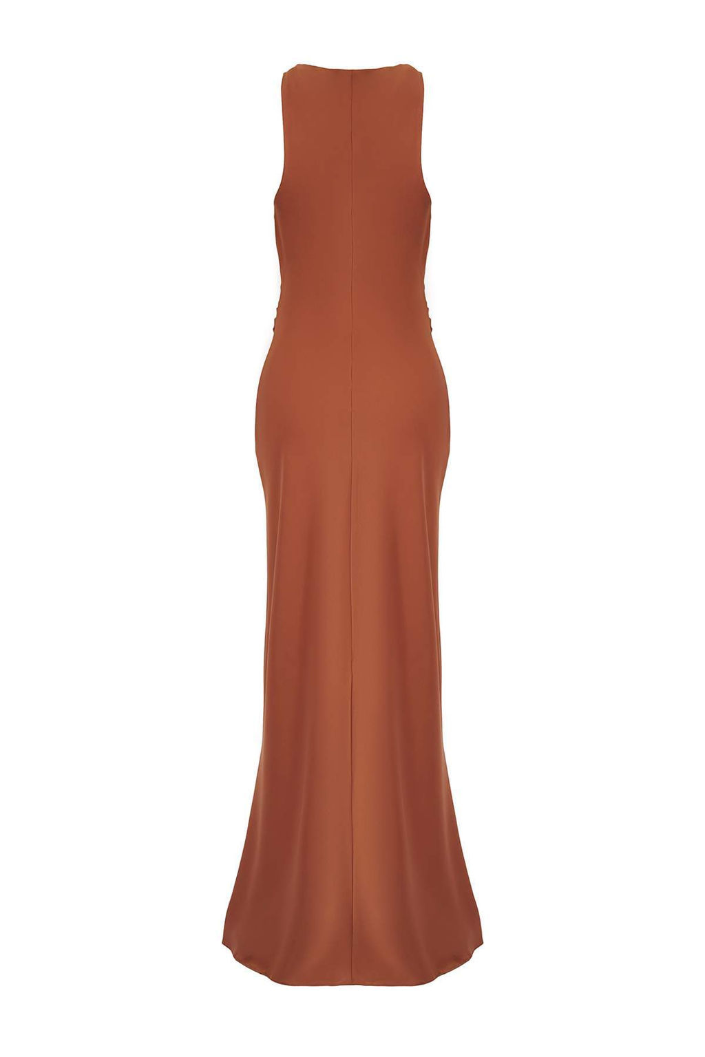 Kahverengi Vucuda Oturan Saten Dokuma Maxi Abiye Gece Mezuniyet Elbisesi TPRSS25AE00066
