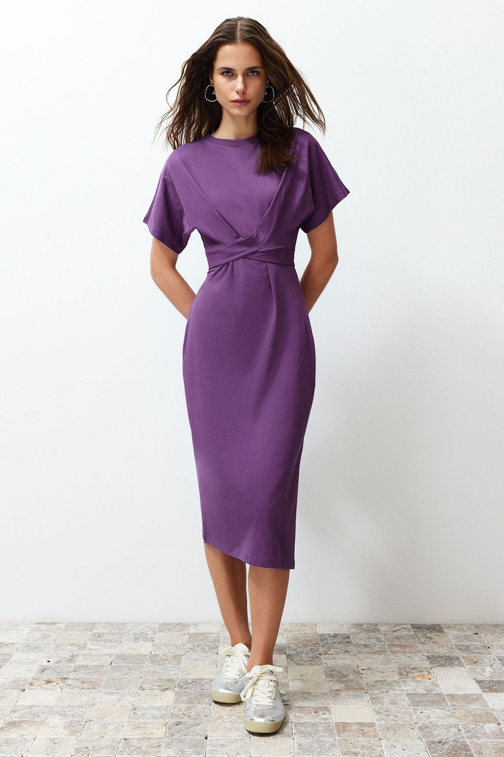 TRENDYOLMILLA Siyah %100 Pamuk Bele Oturan Y?rtmac ve Baglama Detayl? Midi Orme Kalem Elbise TWOSS21EL0404  фото 46